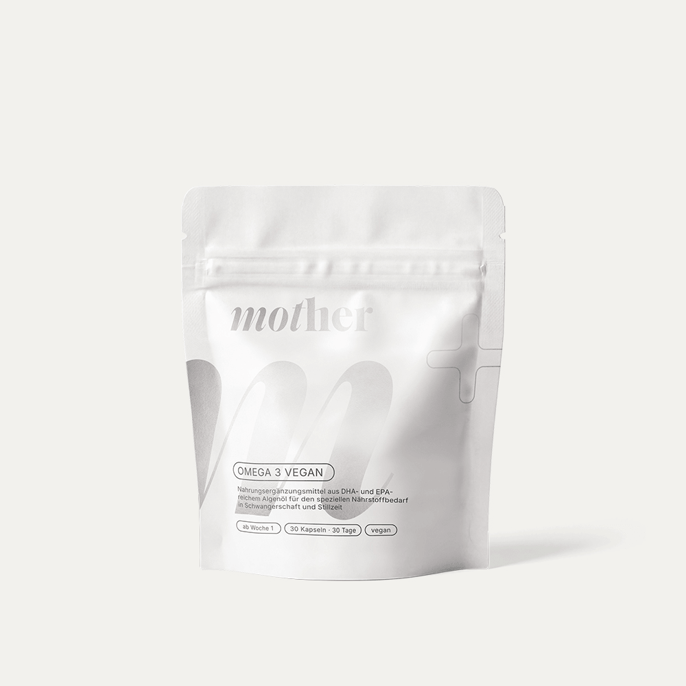 mother+ Omega 3 vegan Algenöl Verpackung Vorderseite | mother by baybies Nahrungsergänzung für Schwangerschaft und Stillzeit