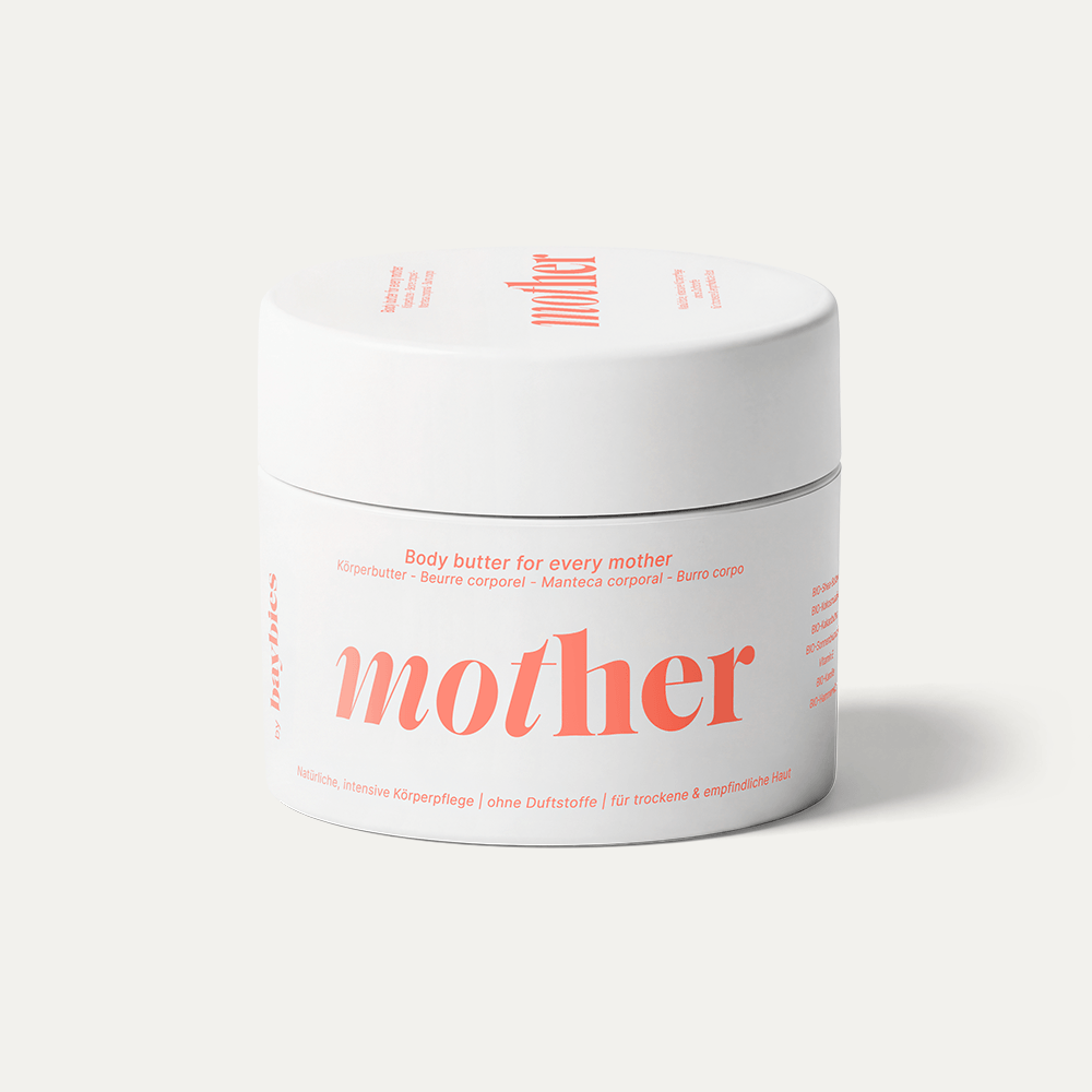 mother Körperbutter Verpackung Vorderseite | mother by baybies Pflege für Schwangerschaft und Stillzeit